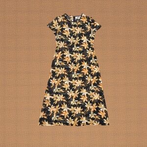 Vintage 90s Miss Black Orange Floral Sheer Short Sleeve Fairy Goth Maxidress